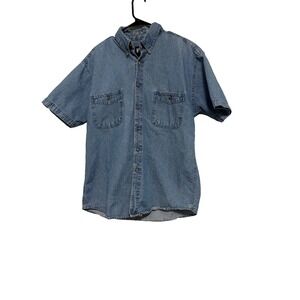 Premier International mens denim shirt size M cotton short sleeve button up Flaw
